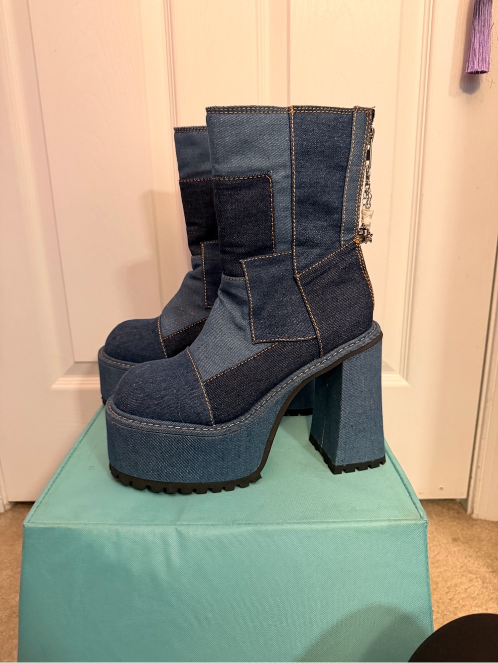 Denim Patchwork Platform Ankle Boots - Blue - Picture 3 of 4